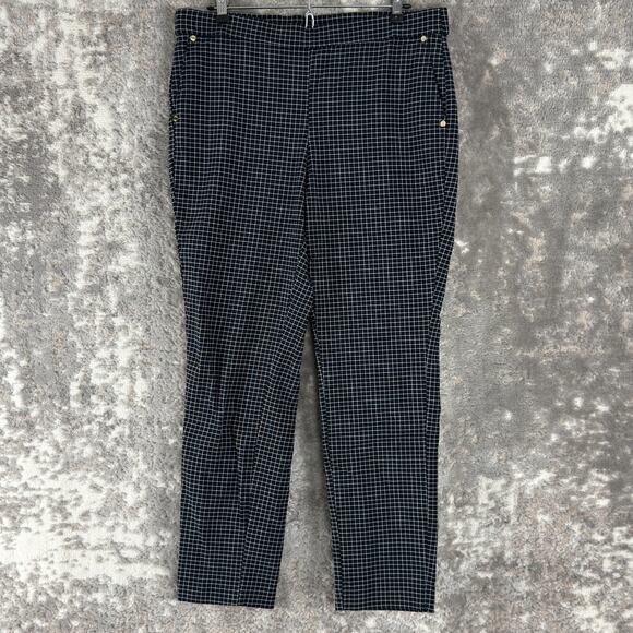Anne Klein Size L Flat Front Checker Pants Navy Pocket Casual Stretch - Picture 1 of 11